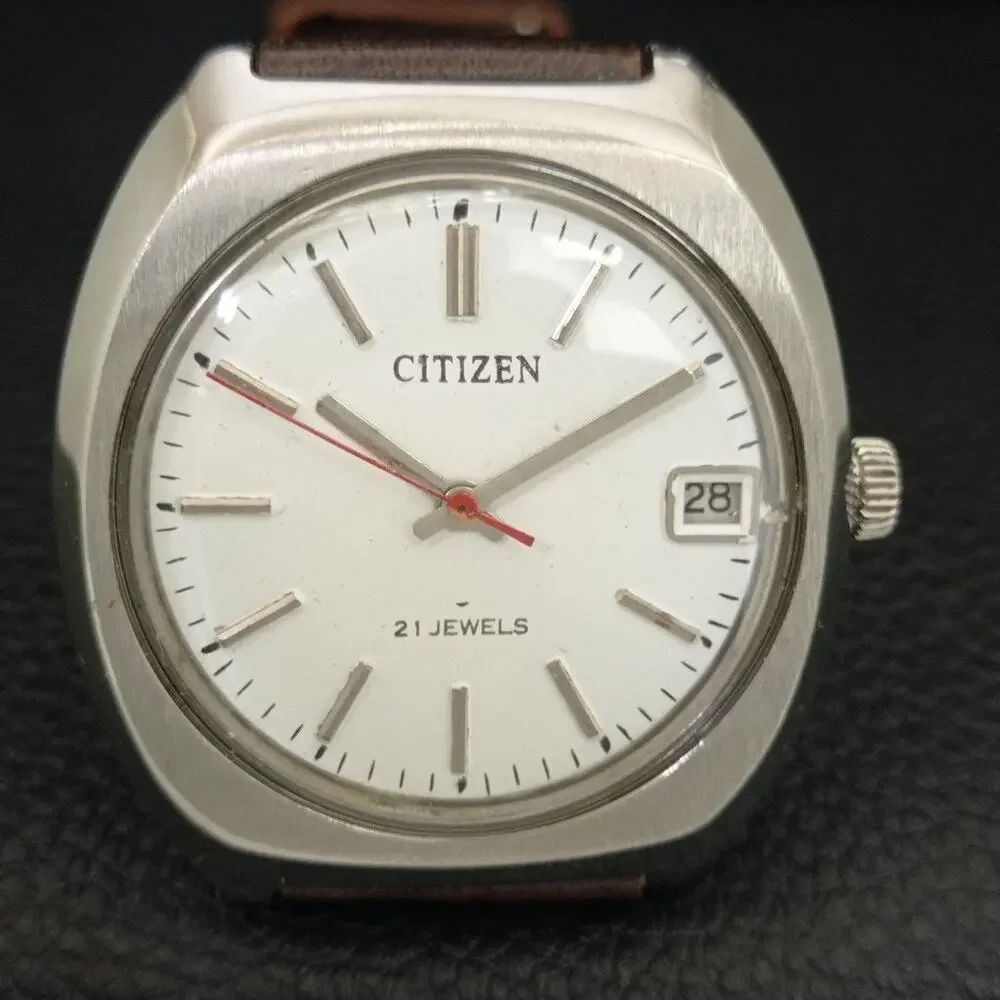 Vintage 1980 Citizen Manual Wound Mens Silver Watch W/Date & White accents
